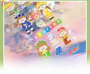 Macro detail of cute hand-drawn cartoon girl stickers for planners on copper plate paper