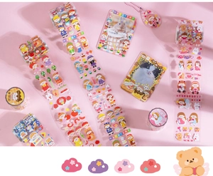 Flat lay of cute cartoon girl and pet stickers for journaling with pastel pink background