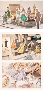 Detail of vintage fashion stickers featuring 1950s retro figures for DIY journaling