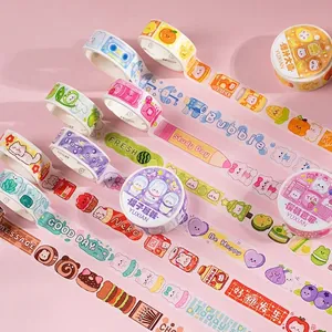 Colorful washi tape set featuring hand-drawn fruits and cartoon cat dessert designs