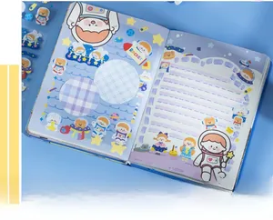 Detail view of space-themed planner with cute astronaut stickers and blue inner pages