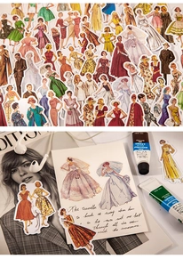 Detail of vintage fashion stickers featuring elegant women in retro gowns and dresses