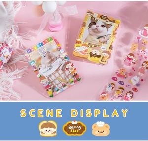 Macro scene display of cute cartoon stickers and decorative toploaders for scrapbooking