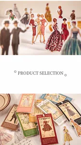 Macro detail of vintage fashion stickers set showing 40 pieces of mid-century ladies fashion
