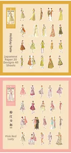 Dettaglio di adesivi vintage in carta washi con temi vacanze e pink lady fashion