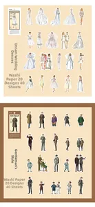 Dettaglio degli adesivi washi vintage con 40 design di moda retrò per matrimoni e gentiluomini