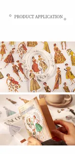 Macro detail of 1950s vintage fashion stickers applied on DIY greeting cards