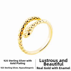 Detailed view of S925 sterling silver snake ring with gold plating and scale texture