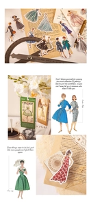 Close-up of vintage fashion character stickers set on decorative journal background
