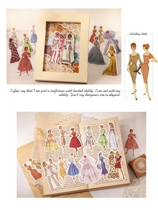 Detail of vintage fashion lady stickers on retro book pages for DIY scrapbooking journal