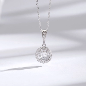 S925 Sterlingsilber Runder Vier-Klauen Anhänger Halskette Für Damen Glänzende Zirkonia Inlay Halo Schlüsselbeinkette Schmuck