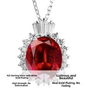 Macro view of 925 sterling silver necklace with large red oval zircon in halo setting