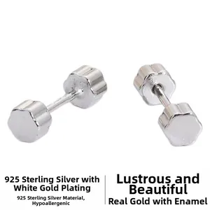 Close-up of S925 sterling silver hexagonal stud earrings with screw back design