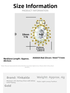 Detailed size specifications for S925 silver crown necklace with garnet red zircon pendant