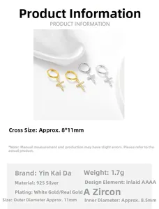 Detailed view of S925 sterling silver cross hoop earrings with AAAAA cubic zirconia