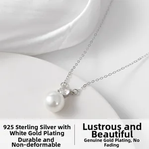 Close-up of S925 sterling silver pearl necklace with sparkling cubic zirconia accent