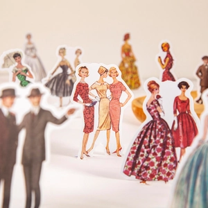 Vintage fashion figures washi stickers set for scrapbooking with mid-century style designs