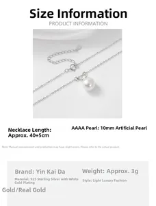 Detail of S925 sterling silver stamp and technical dimensions of the pearl necklace