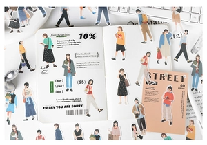 Detail of 40-piece fashion girl stickers set applied on a white planner notebook