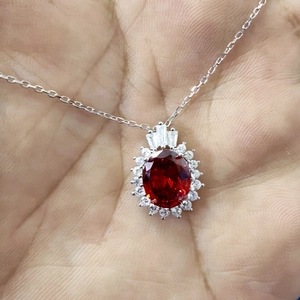 Elegant S925 sterling silver crown necklace with oval red garnet zircon pendant