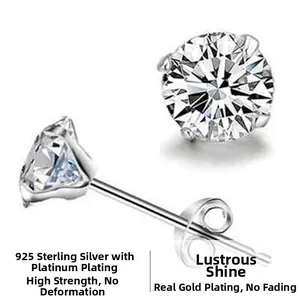 Macro detail of 925 sterling silver stud earring with clear round cut cubic zirconia