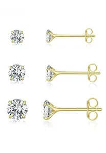 Detailed view of three sizes of gold-plated 925 silver four-prong stud earrings