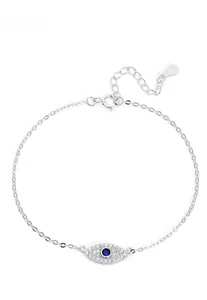Detailed view of S925 sterling silver evil eye bracelet with blue zircon and pavé crystals