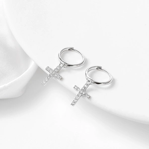 Classic S925 sterling silver hoop earrings with cubic zirconia cross pendants
