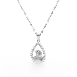 Detail view of 925 sterling silver Virgin Mary pendant with white zircon stones