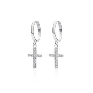 Classic S925 sterling silver hoop earrings with zircon studded cross pendants for women