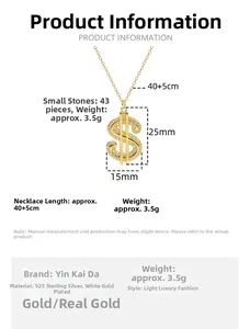 Vue détaillée du pendentif signe dollar en argent 925 avec dimensions de 25x15mm