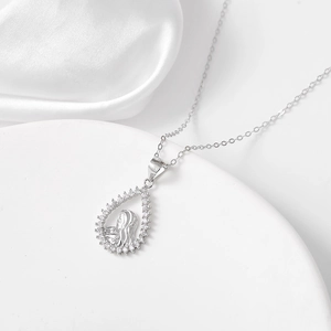 925 silver necklace with teardrop portrait pendant and sparkling zircon accents