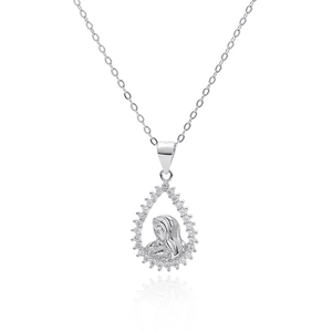 925 Sterling Silver Virgin Mary Portrait Relief Pendant Necklace Teardrop Zirconia Pave Religious Jewelry For Women Mother Gift