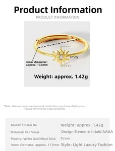 Guide des tailles de la bague tournesol en argent 925 avec diamètre intérieur 17,3mm