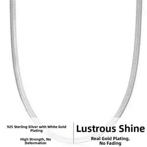 Detailed view of silver flat snake bone chain made of S925 sterling silver with white gold plating