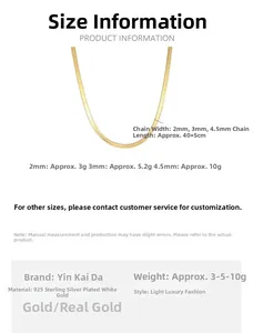 Size chart for gold herringbone chain in S925 silver, widths 2mm to 4.5mm, length 40+5cm