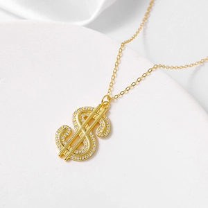 Collier hip hop en argent 925 doré avec pendentif signe dollar orné de cristaux brillants