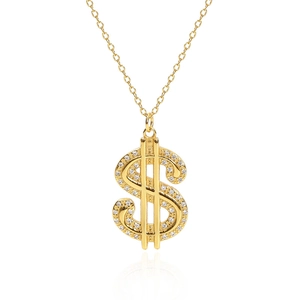 Collier hip-hop signe dollar en argent 925 doré avec cristaux scintillants brillants