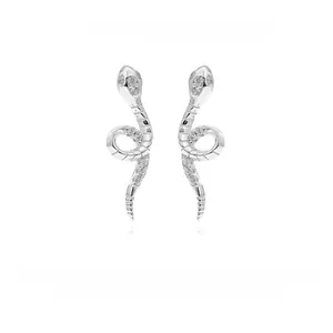 Detailed view of snake-shaped 925 sterling silver stud earrings with white zircon accents