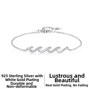 Close-up of S925 sterling silver wavy bracelet with white zircon pave setting
