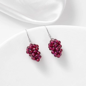 Handmade garnet grape dangle earrings in S925 sterling silver on white silk