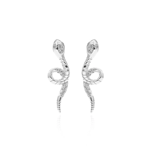 Elegant 925 sterling silver snake earrings with white cubic zirconia in a symmetrical pose