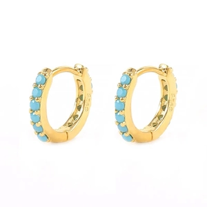 S925 sterling silver gold plated hoop earrings featuring five round blue turquoise stones