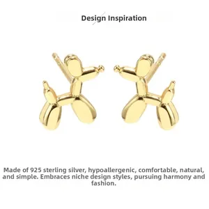 Detailed view of 925 sterling silver balloon dog earrings with hypoallergenic gold finish