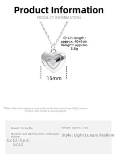 Detailansicht der S925 Sterling Silber Herzkette mit 15mm Anhänger und Größenangaben