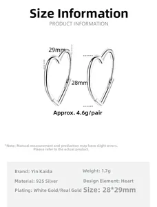 Detailed size chart for S925 sterling silver heart earrings measuring 28mm by 29mm
