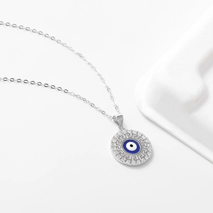 Collana Malocchio in argento S925 con centro in smalto blu e pietre di zircone lucenti