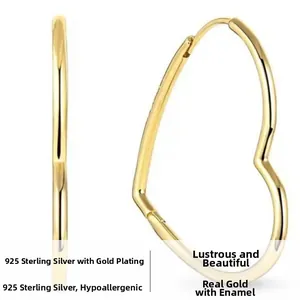 Detailed view of S925 sterling silver gold-plated heart hoop earrings with hypoallergen coating