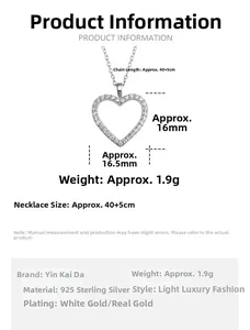 Spécifications de taille du collier cœur en argent 925 avec dimensions du pendentif