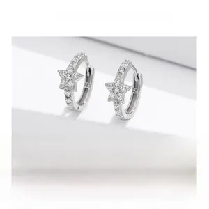 Close-up of S925 sterling silver star hoop earrings with micro-pave white zircon stones